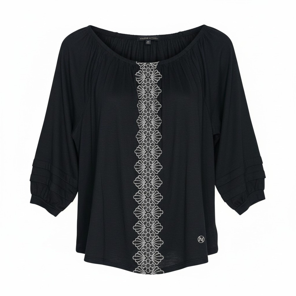 Adrienne Vittadini Womens Black Embroidered 3/4 Sleeve Knit Top‎ XL Peasant Boho